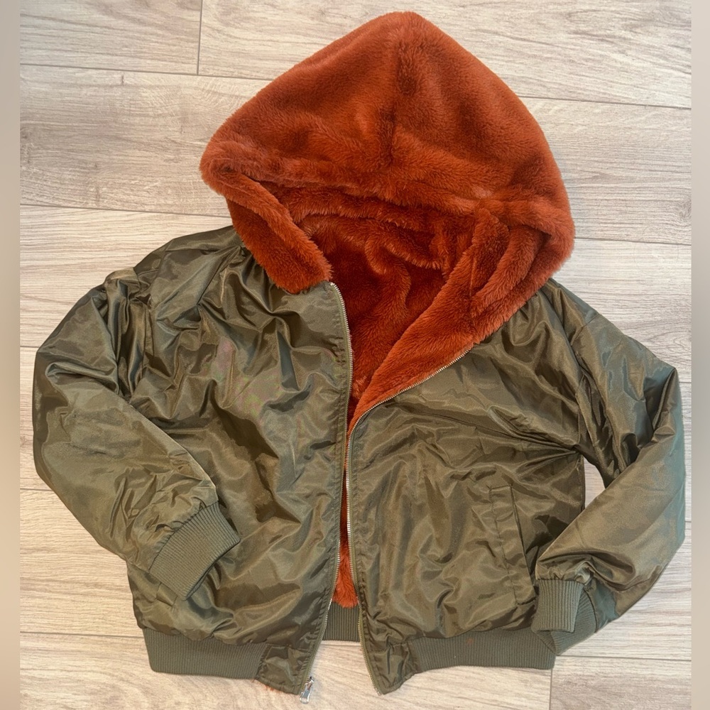 Reversible Olive Green and Rust Orange Bomber Jacket